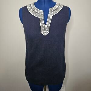 Carole Little XL Navy Linen Blend Embroidered Tunic Top Boho Coastal Resort